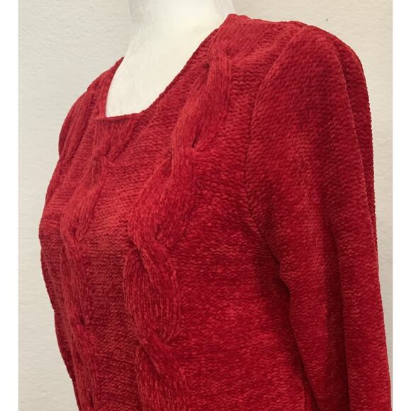 Women’s Red Cable Knit Sz Small Soft Chenille Sweater Pullover By Karen Scott - Picture 2 of 6